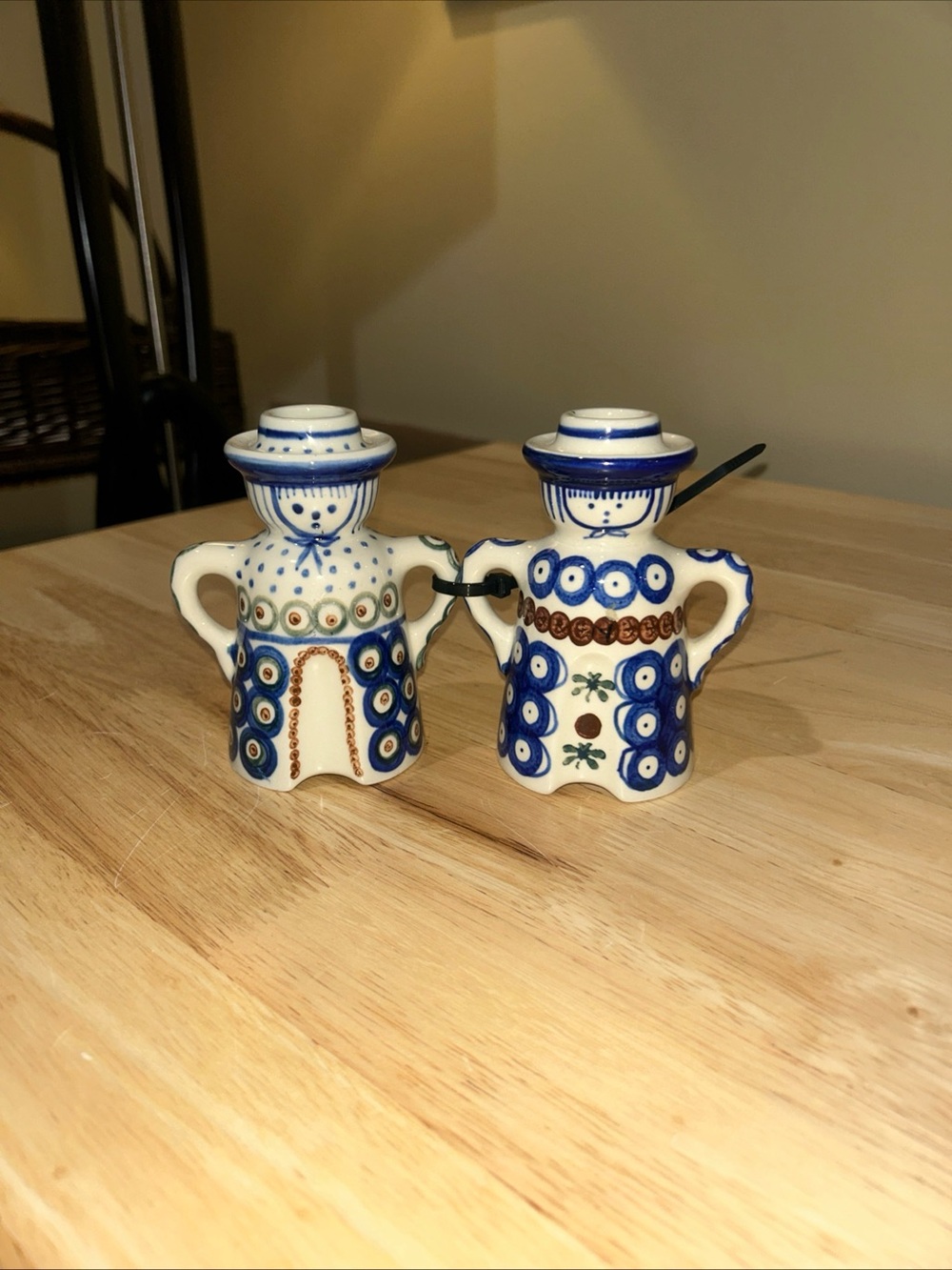 (2) Hand Painted Man Woman Boleslawiec Polish Art Pottery Candle Holder Bud Vase